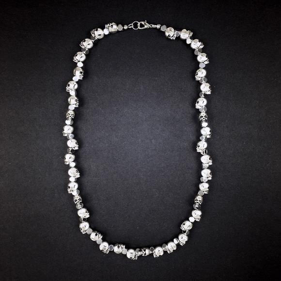 24” Silver Skull & Hematite Beaded Necklace Chain - Picture 2 of 5